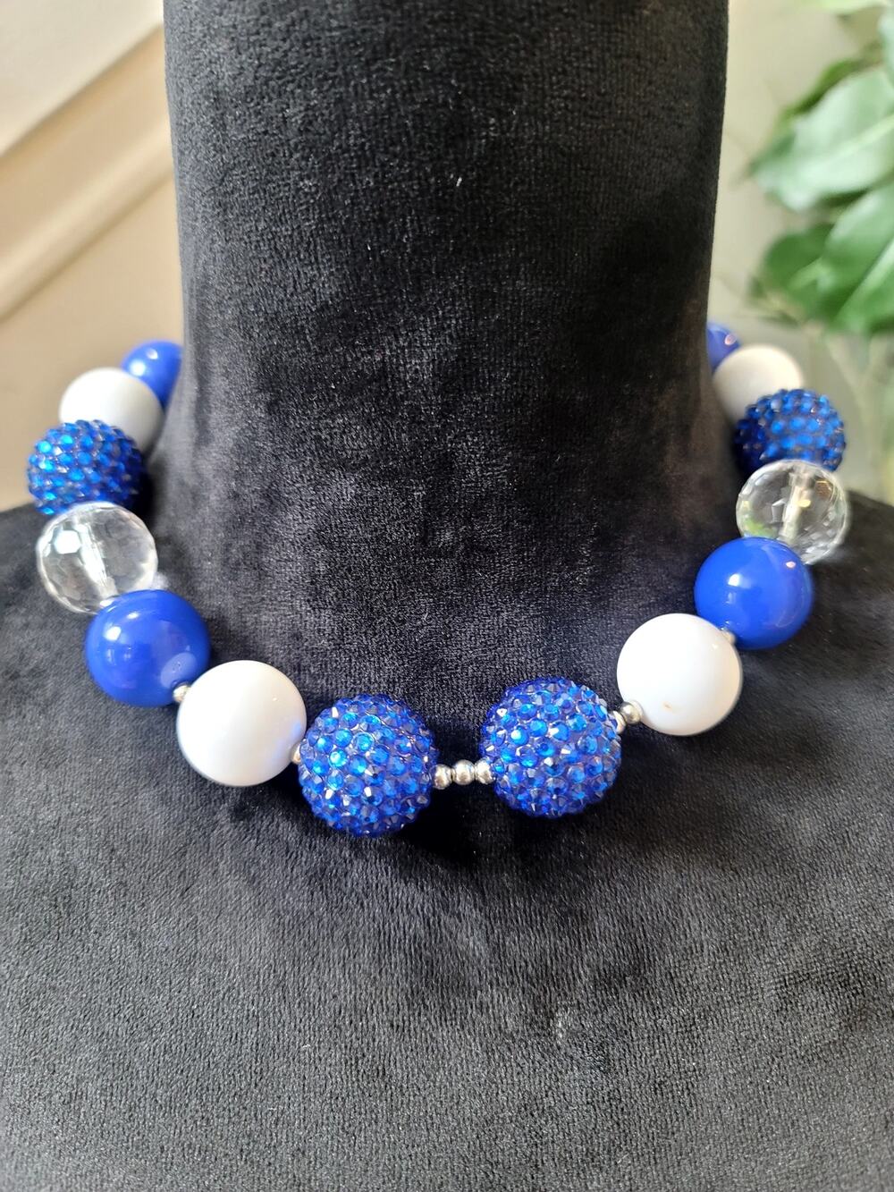 Blue White Crystal Chunky Beaded Acrylic Statement Necklace